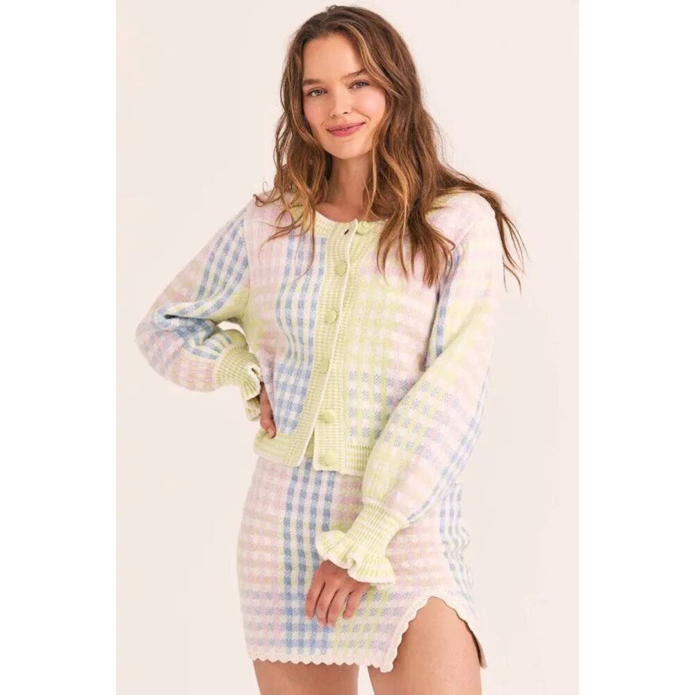 LoveShackFancy Keoni Cardigan & Pawley Skirt Set plaid pink blue yelllow Size L